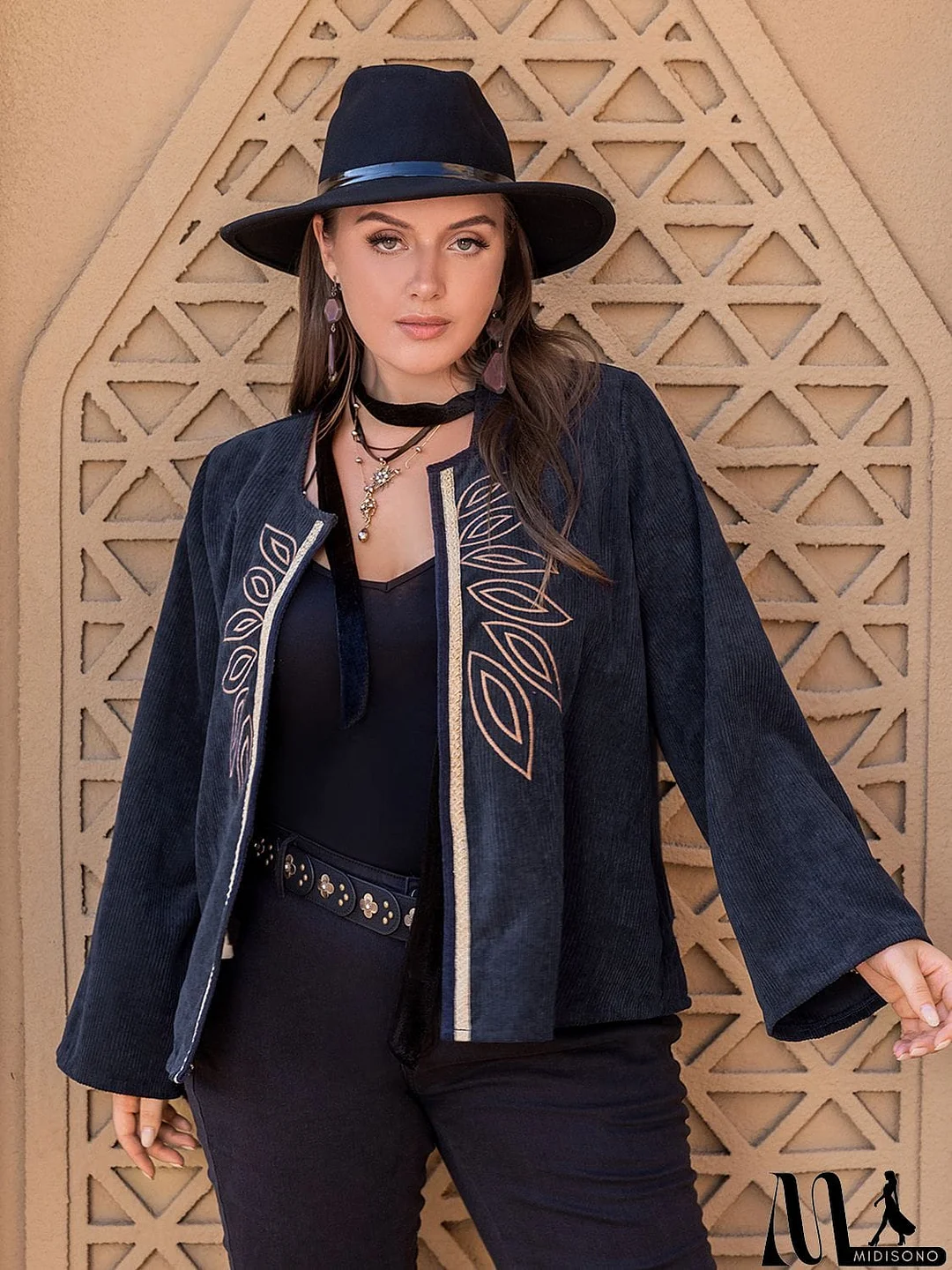 MidiSono - Plus Size Embroidered Open Front Jacket