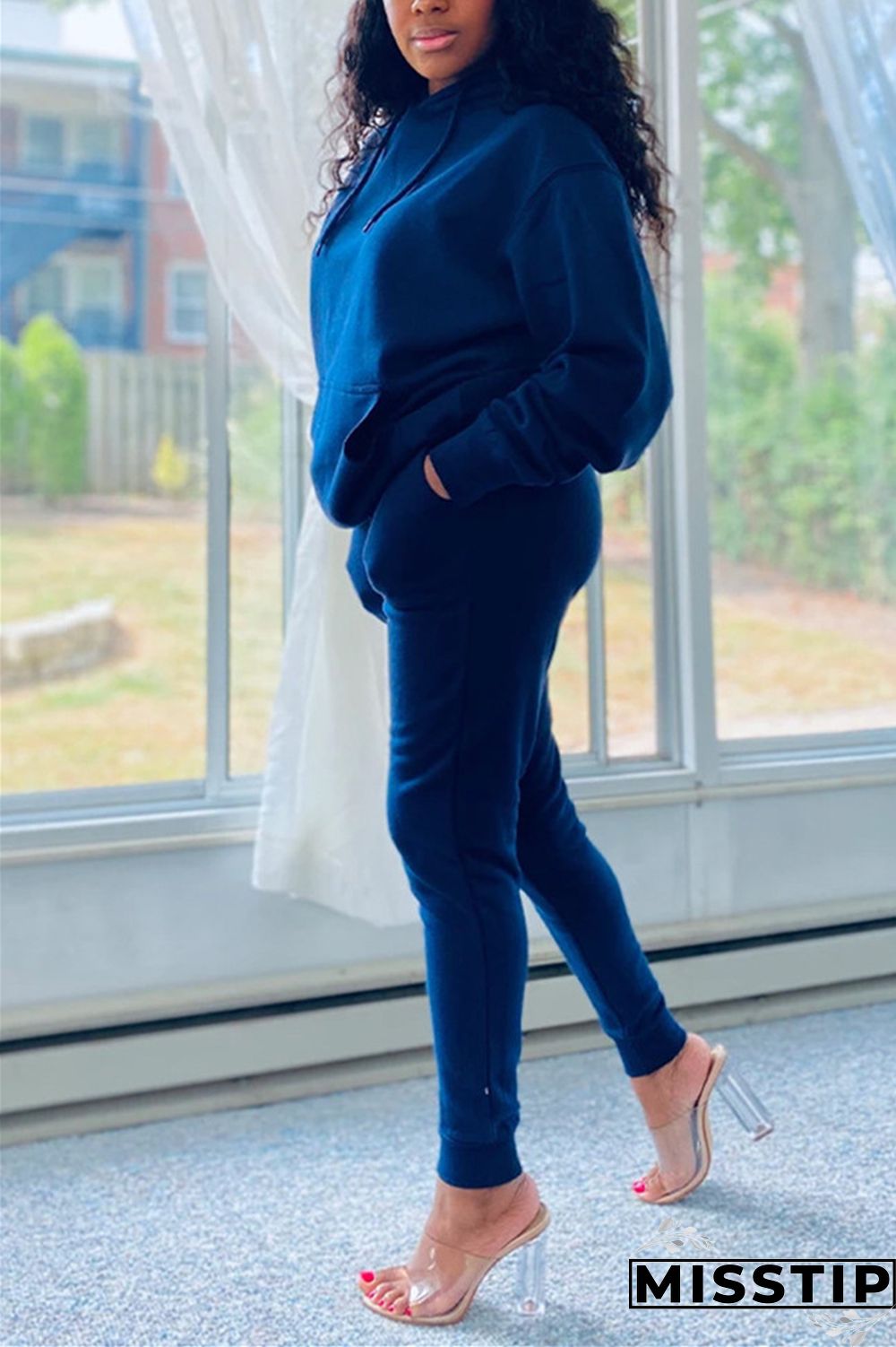 Blue Fashion Casual Long Sleeve Hooded Collar Regular Sleeve Regular Solid Two Pieces