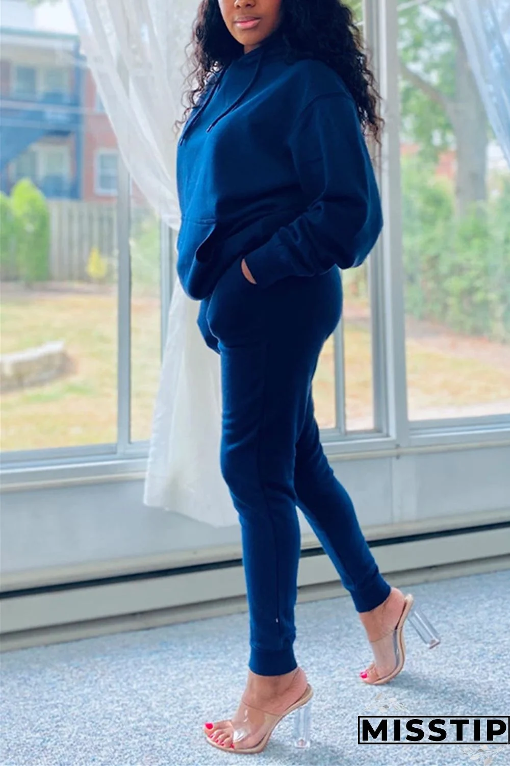 Blue Fashion Casual Long Sleeve Hooded Collar Regular Sleeve Regular Solid Two Pieces