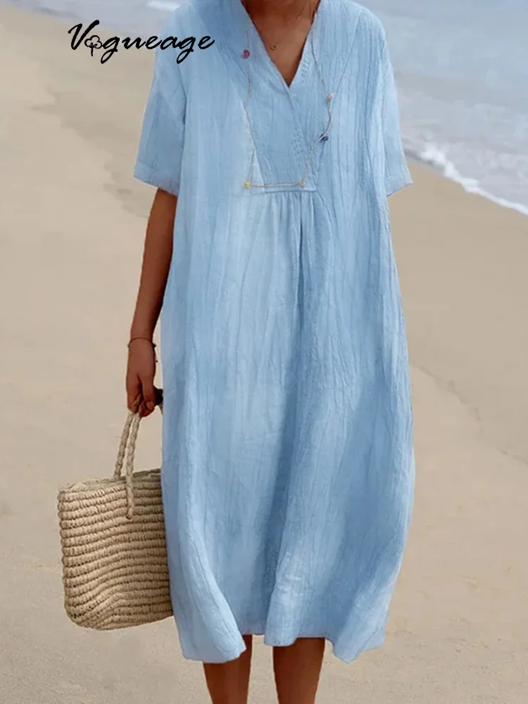 Solid Color Casual All-Match Slim Cotton And Linen Dress