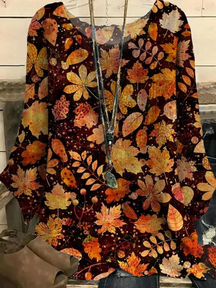 Women's Maple Leaves Printed Round Neck Half Sleeve T-Shirt