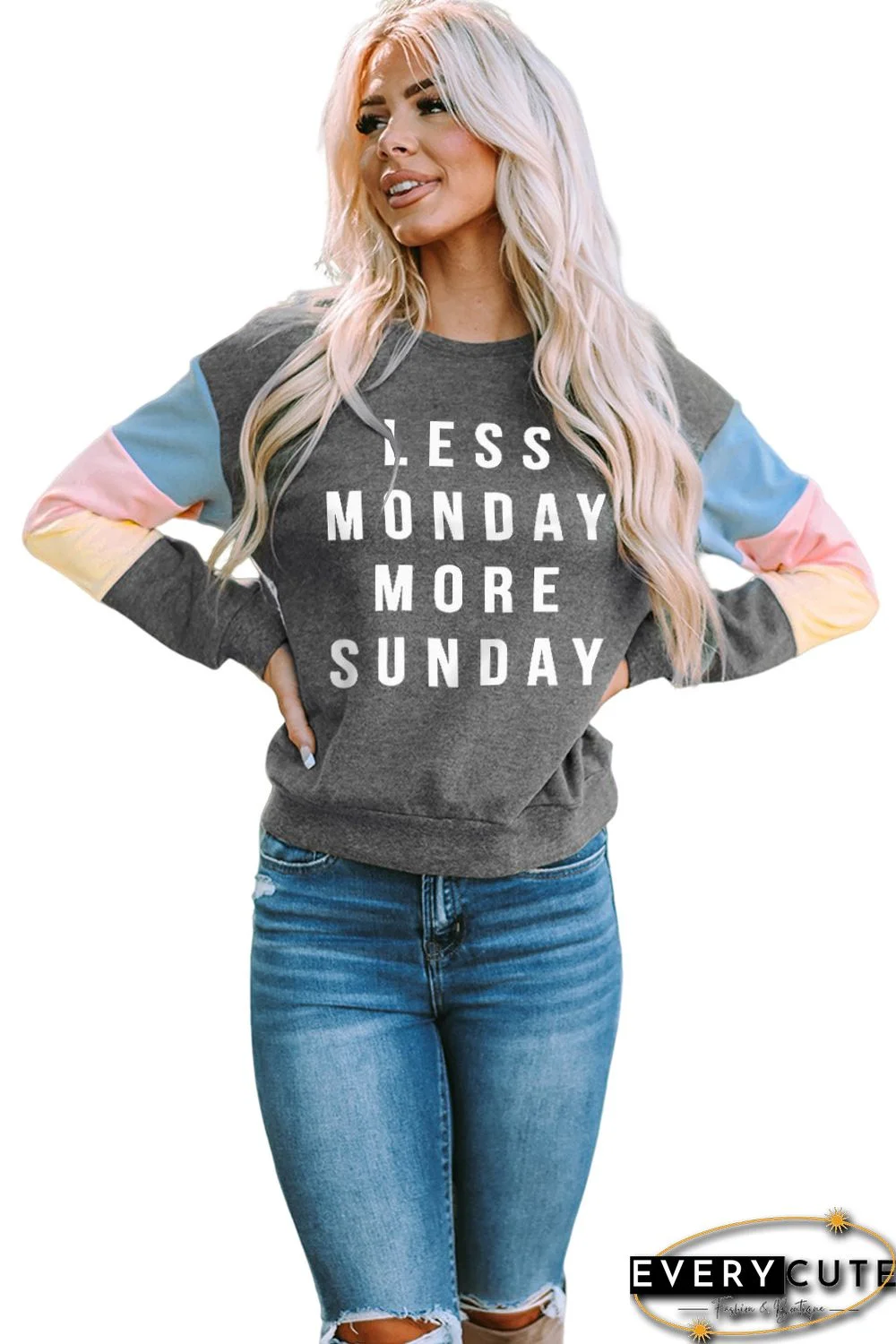 Gray LESS MONDAY MORE SUNDAY Color Block Sleeve Sweatshirt