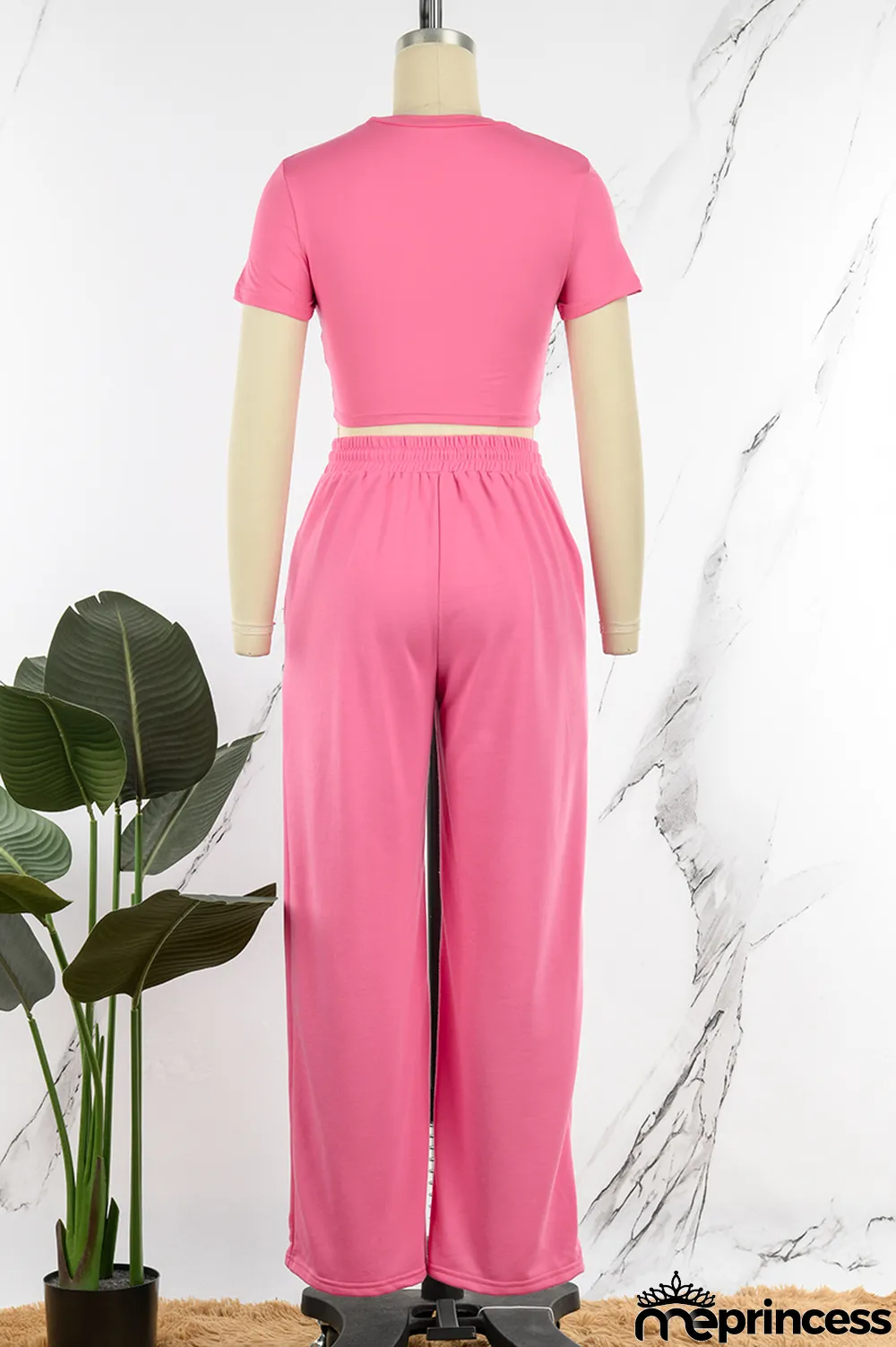 Rose Red Casual Print Patchwork O Neck Short Sleeve Two Pieces