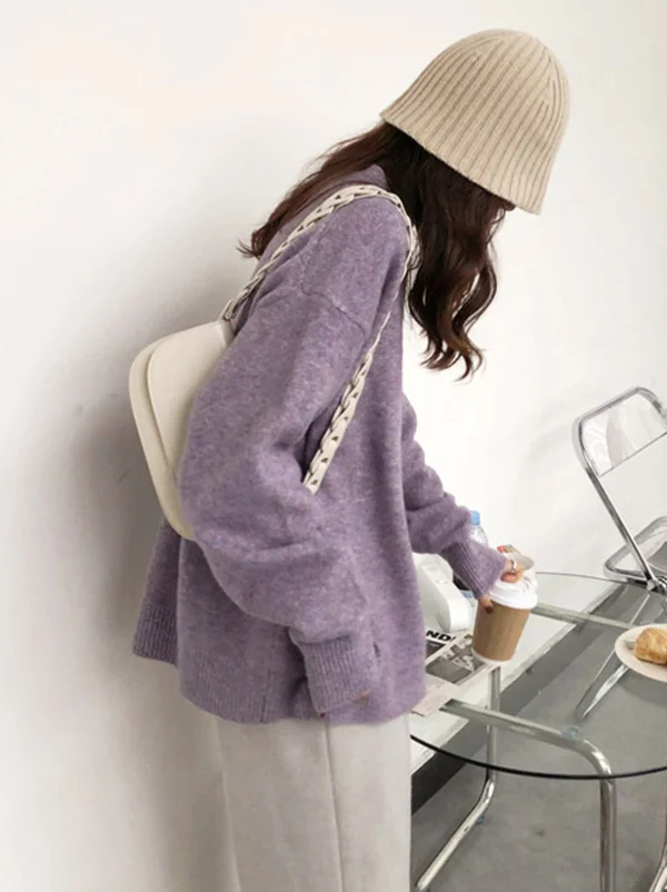 Simple Loose Long Sleeves Round-Neck Sweater Tops Pullovers