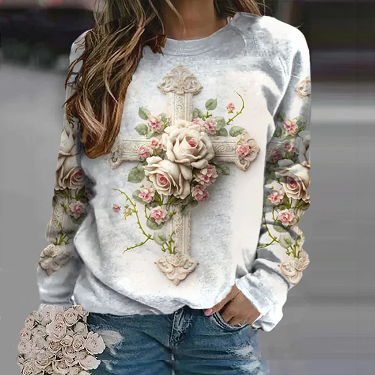 Wearshes White Ornate Cross And Rose Jesus Floral Long Sleeve Sweatshirt