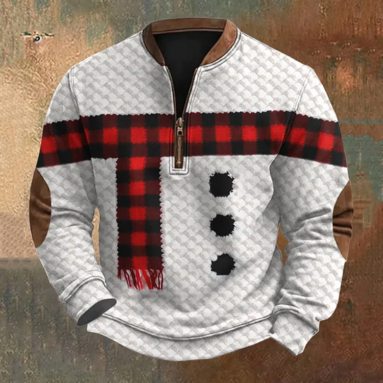 Men's Christmas Plaid Color Block Zipper Casual Sweatshirt