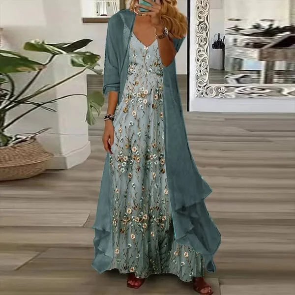 Printed Cross V Neck Sexy Chiffon Suit Dress