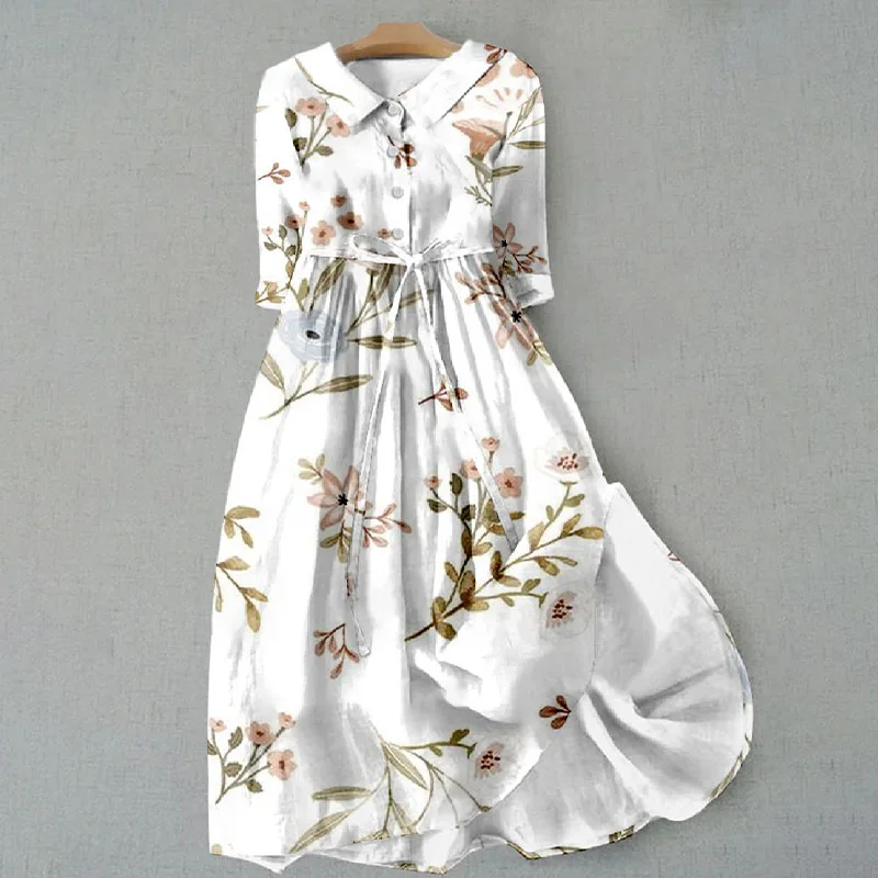 Vintage Floral Print Lapel Casual Midi Dress