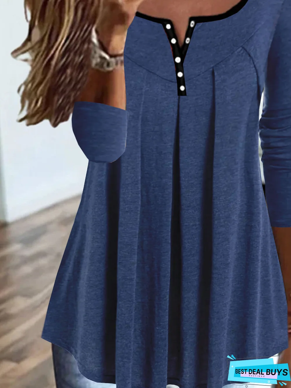 Womens Tops Casual Plain Pleated Contrast Color-block Long-sleeve Jersey Loose Tunic Shirts