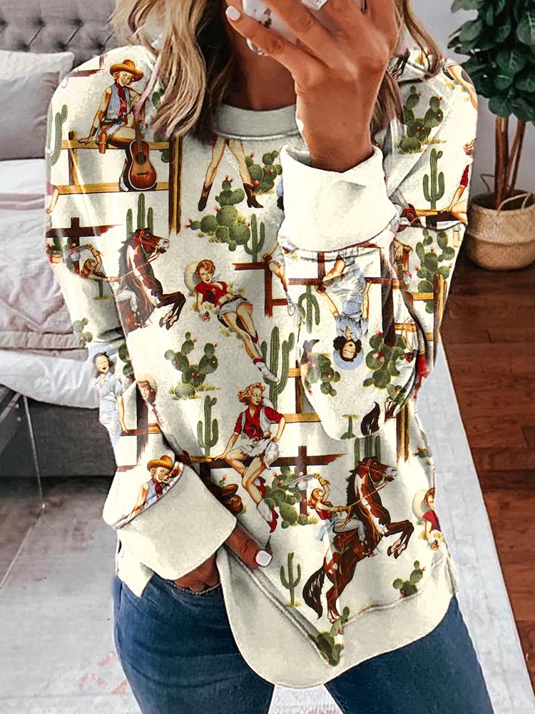 Western Cowgirl Print Casual Cozy Sweatshirt