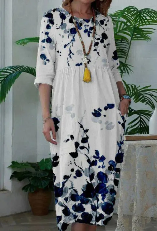 White Pullover Loose Blue Pattern Dress