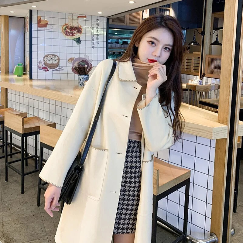 Fashion Women Casual Thin Coat Spring Autumn Elegant Fashion Long Sleeve Lapel Neck Woolen Trench Coat