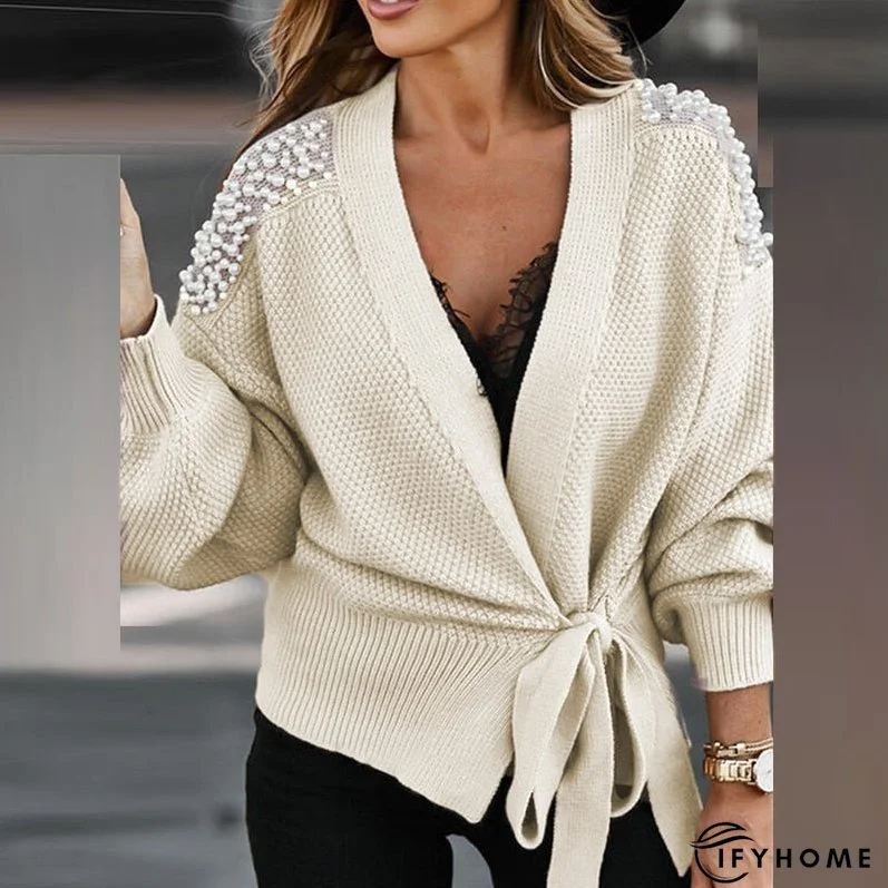 Christmas Gift Women Casual Long Sleeve Tops Fashion Tie Front Sweaters Autumn Ladies Winter Elegant Beaded Drop Shoulder Cardigan Sweater | IFYHOME