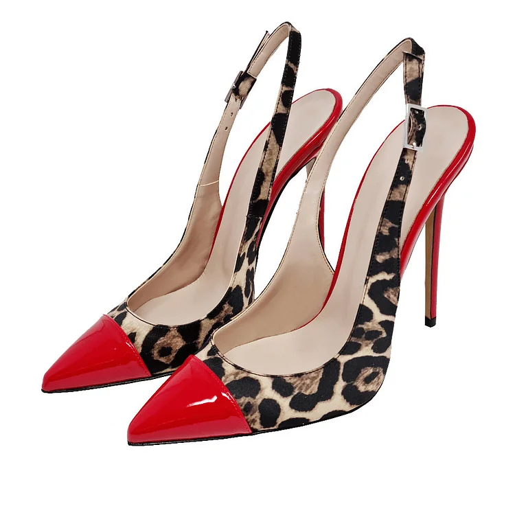 Animal Print Satin Two-Tone Slingback Pumps Heels in Brown & Red |FSJ Shoes