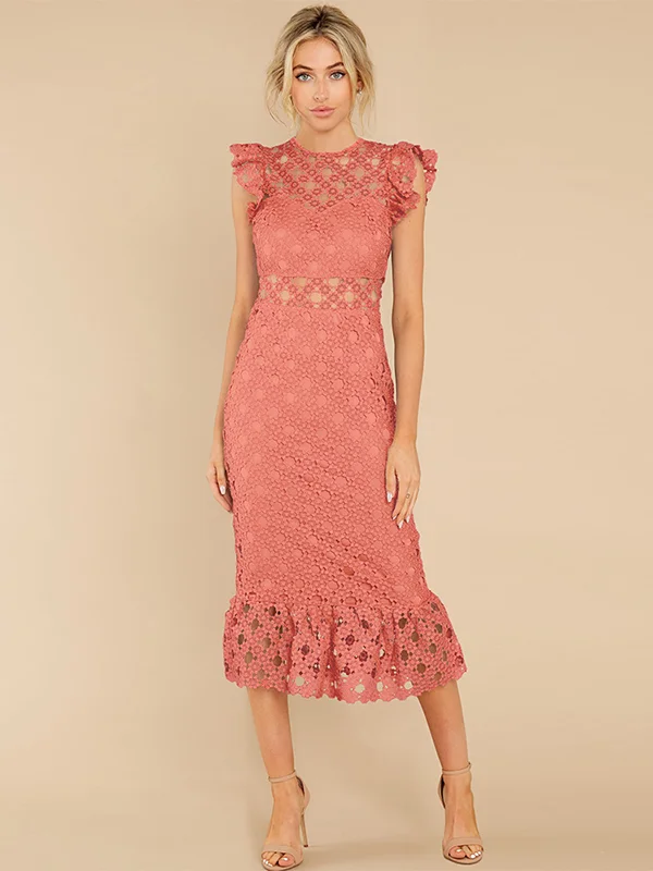 Urban Short Sleeves Hollow Lace Solid Color Midi Dress