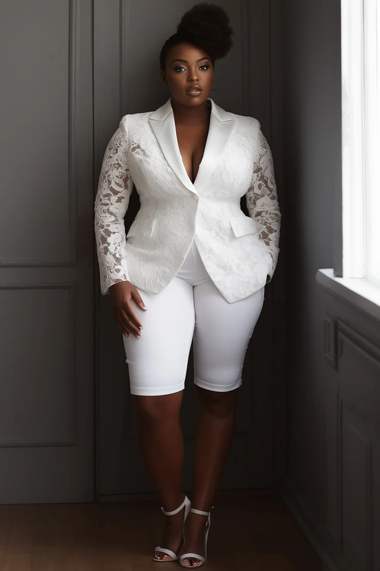 Xpluswear Design Plus Size Mother Of The Bride White Lapel Collar Long Sleeve Contrast Pocket Lace Two Piece Pant Suits [Pre-Order]