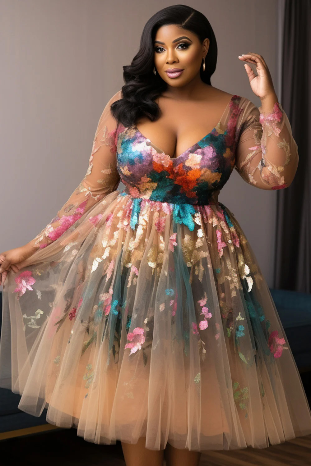 Xpluswear Design Plus Size Cocktail Party Multicolor V Neck Long Sleeve Tulle Midi Dresses