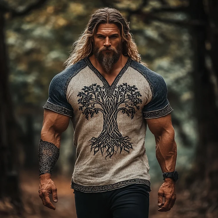 Vintage Viking Tree Of Life Embroidery Embroidered Linen T Shirt