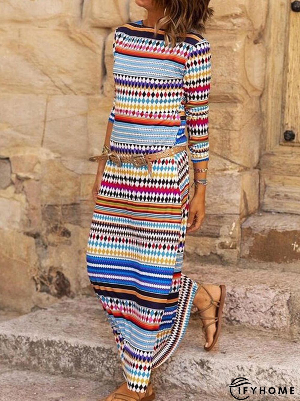 Vintage Geometric Printed Crew Neck Color-Block Long Sleeve Casual Knitting Dress | IFYHOME