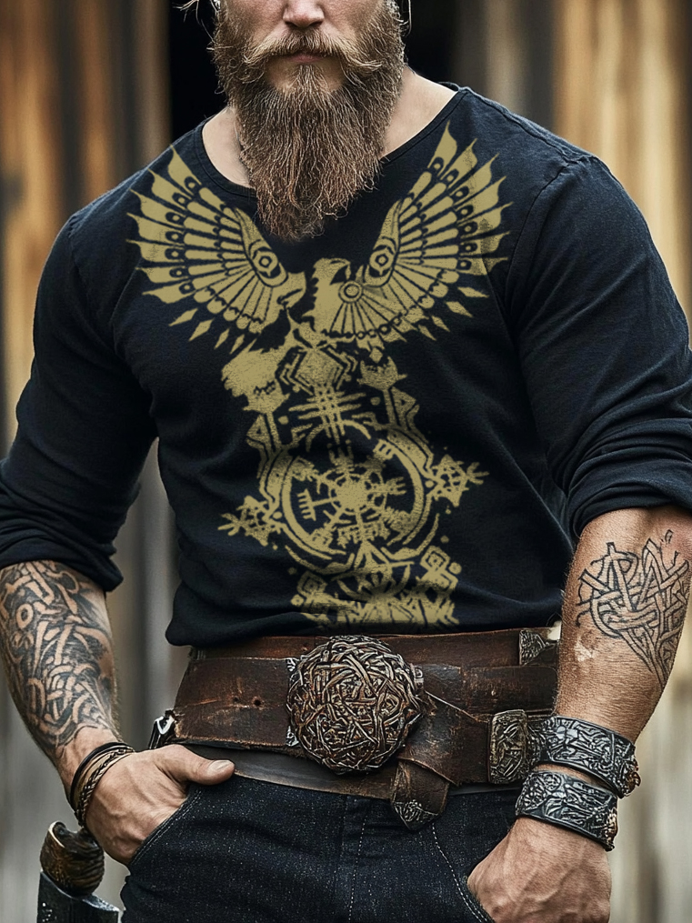 Viking Ottavi Eagle Totem Compass Rune Design Printed Henley Shirt Long Sleeve / Rvogue / Rvogue