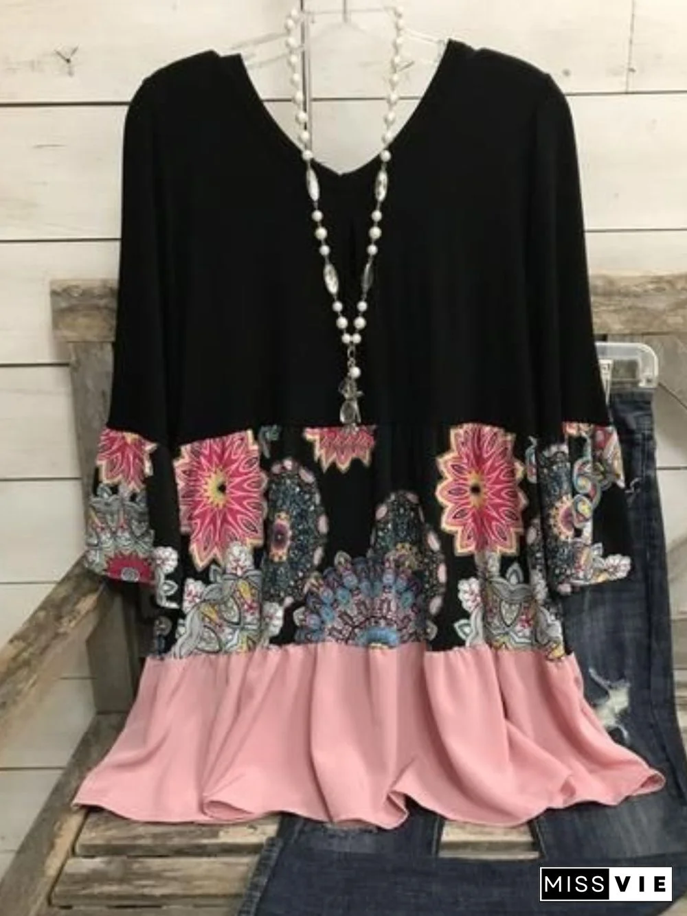 Casual Long Sleeve Round Neck Plus Size Printed Tops