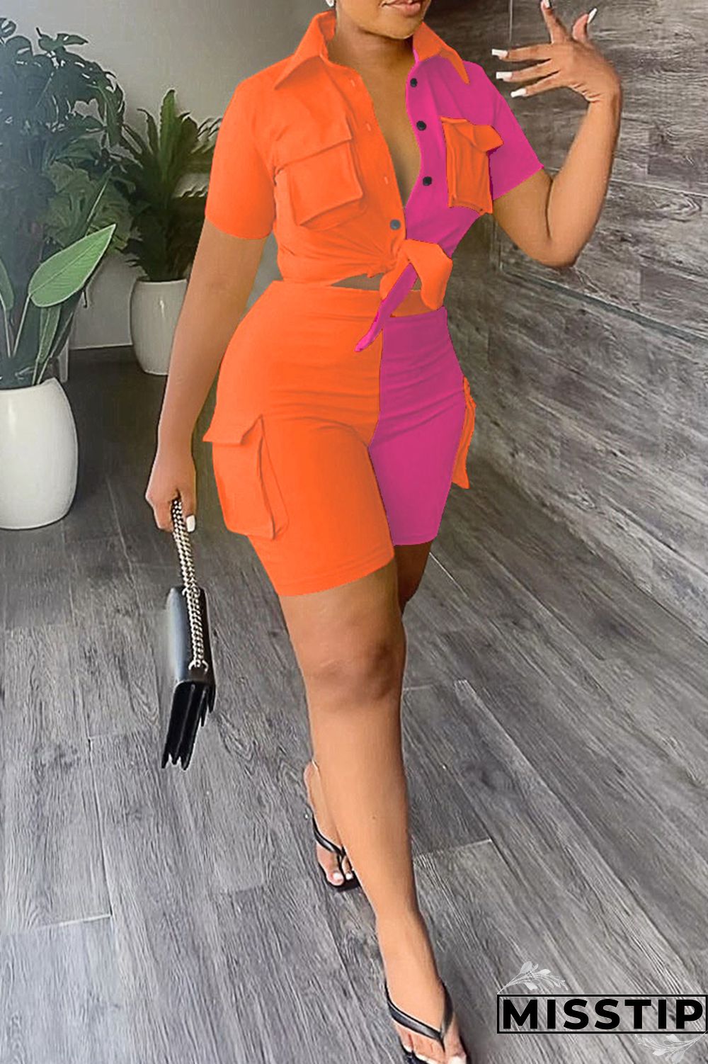 Blue Casual Patchwork Contrast Shirt Collar Short Sleeve Two Pieces