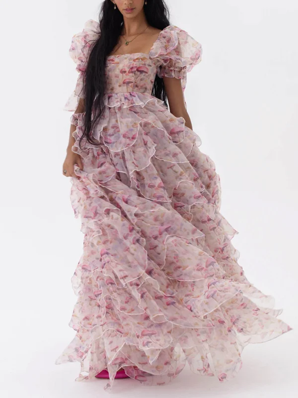 Square Neck Printed Chiffon Vacation Maxi Dress