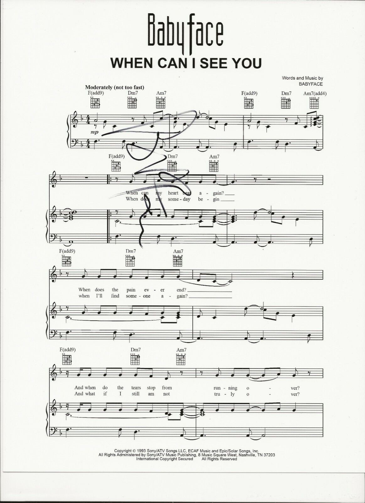 Babyface REAL hand SIGNED When Can I See You Sheet Music #2 COA Kenny Edmonds