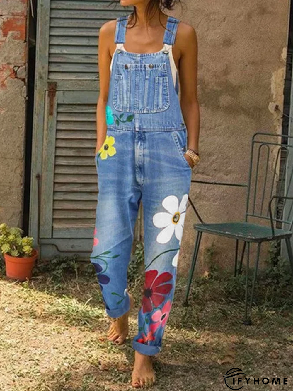 Women Fashion Denim Floral-Print Jumpsuits Overalls | IFYHOME