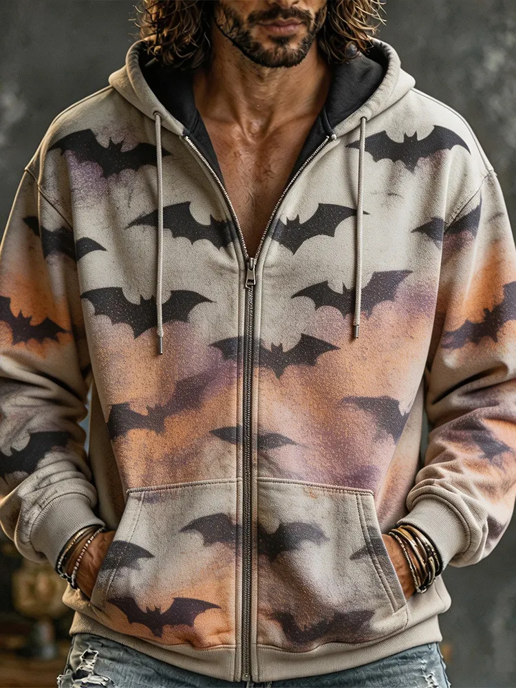 Men's Retro Halloween Gothic Washed Bat Night Sky Gradient Print Zip-up Hoodie