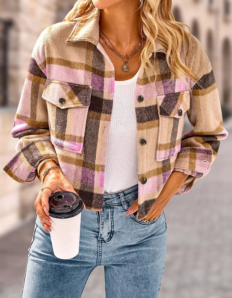 Women's Jacket Coat Retro Lapel Single Breasted Plaid Checked Pattern Crop Jacket