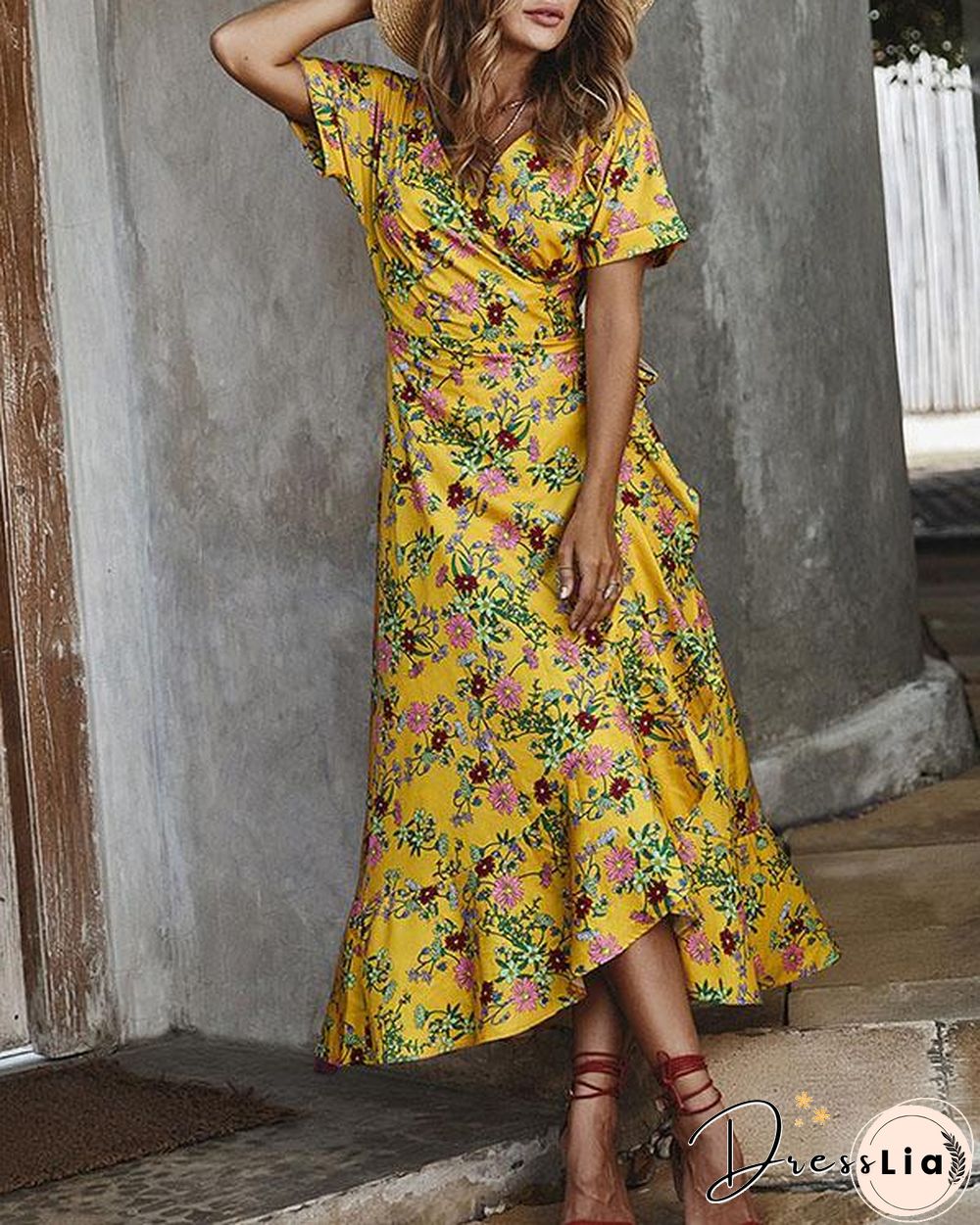 Floral Print Short Sleeve Cross Lace-up Waist Elegant Ladies Dresses