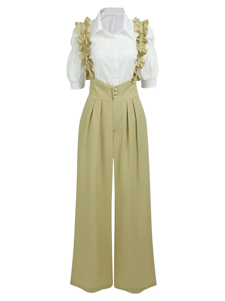 2PCS 1950s Ruffled Blouse & Solid Suspender Pants