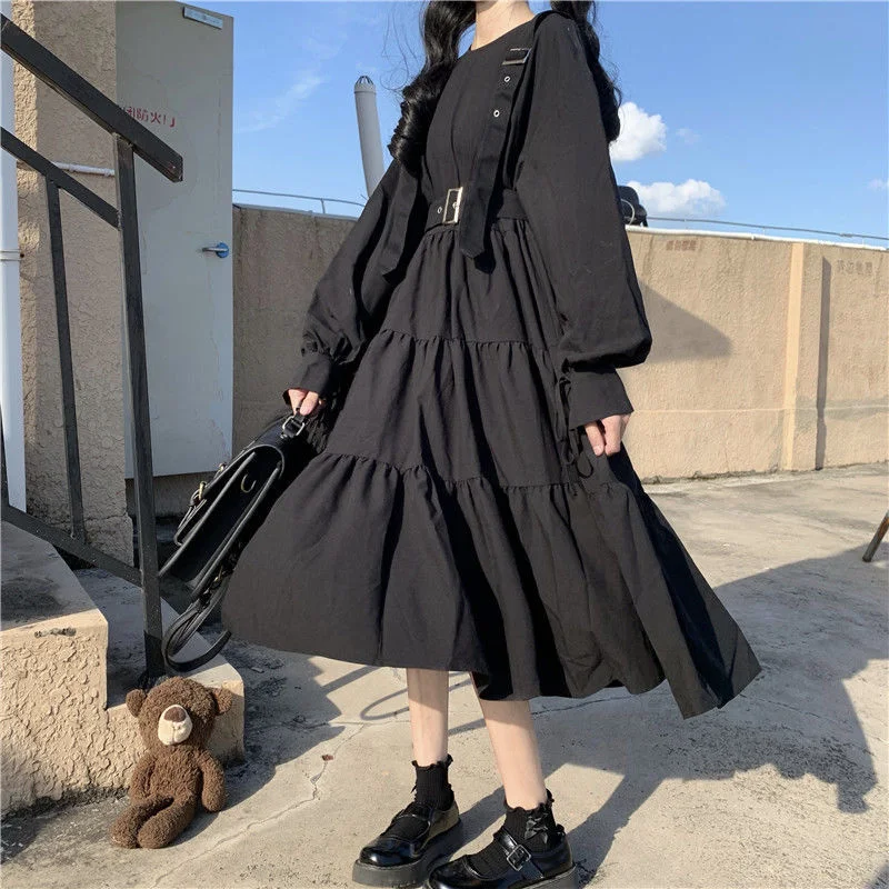 Uveng Uveng Winter Long Sleeve High Waist Black Female Students Sweet And Lovely Waist Fold A Line Dress