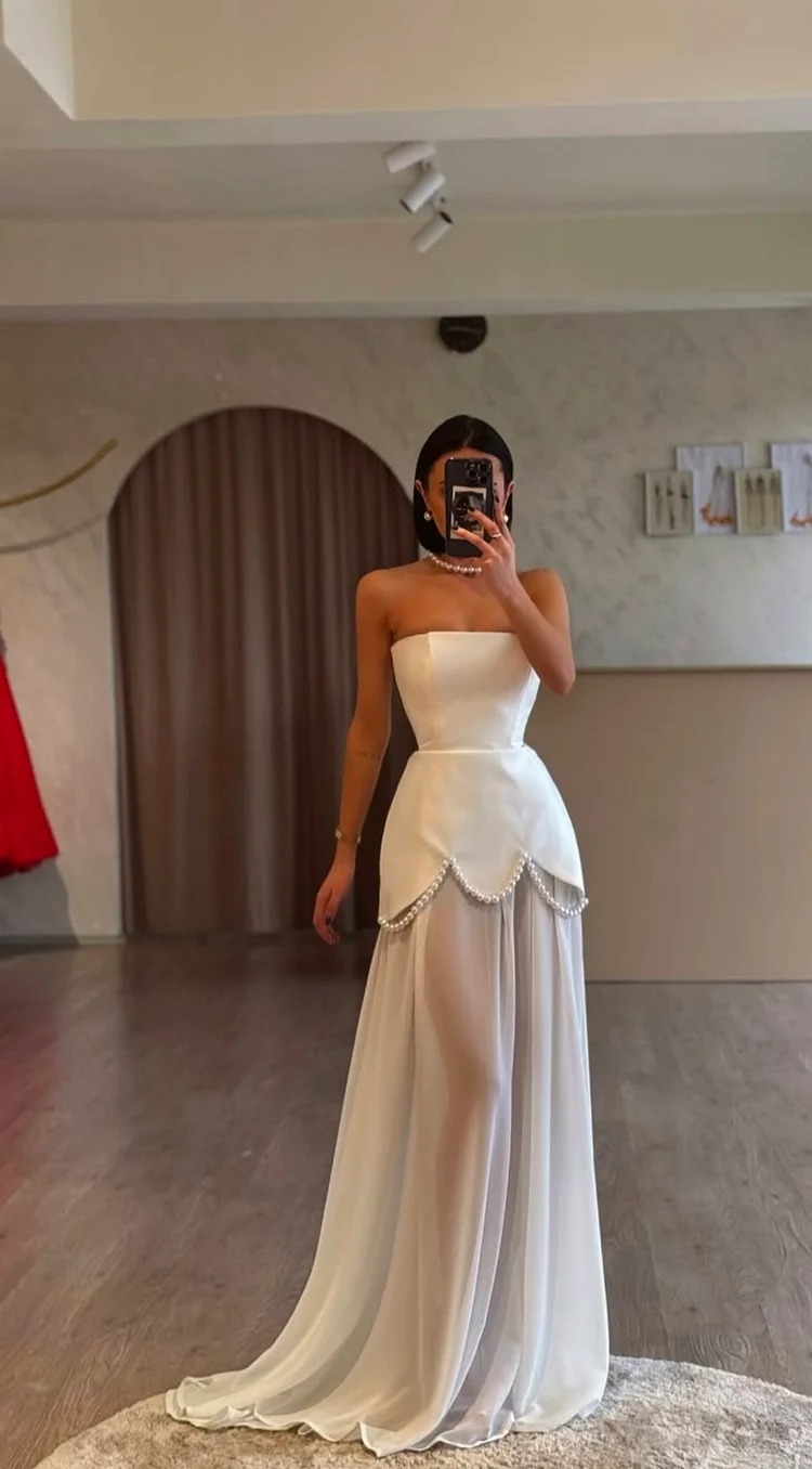 Oknass White Strapless Sleeveless Long Prom Dress With Pleated Beading
