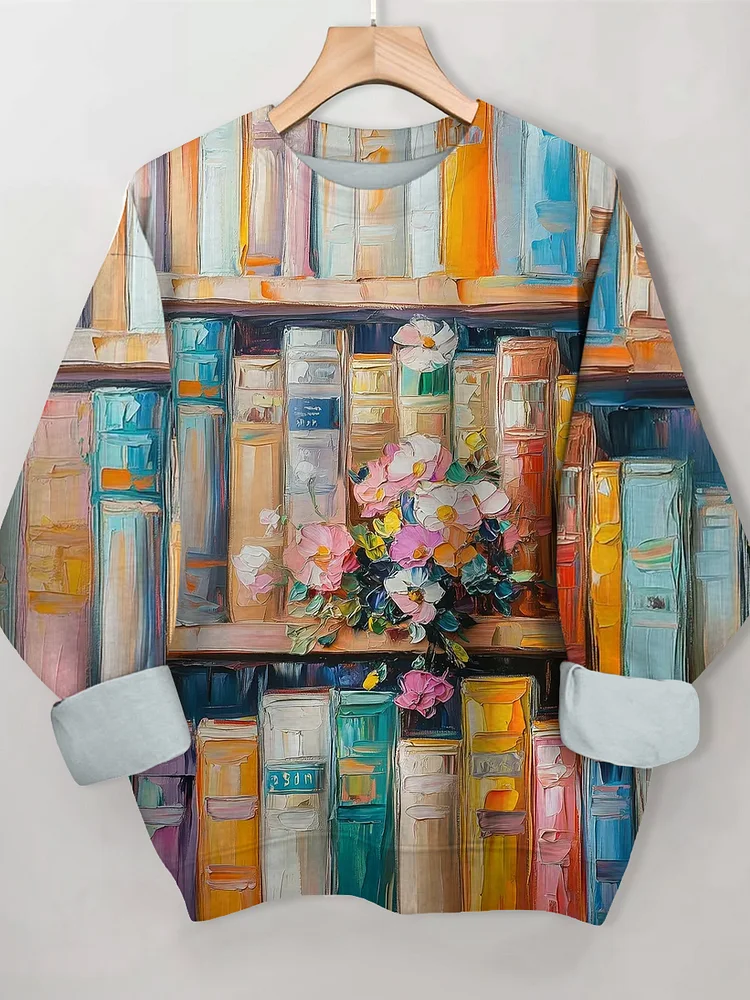 Women's Colorful Book And Flowers Art Print Casual Sweatshirt