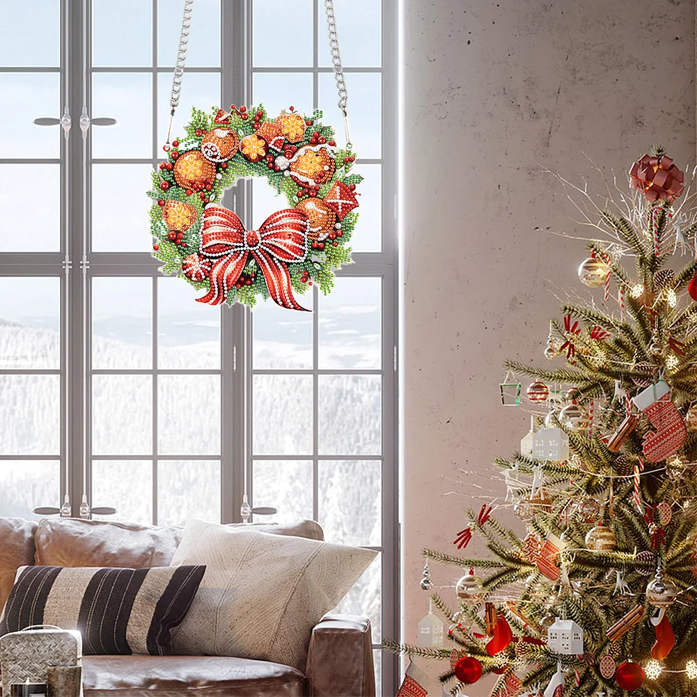 DIY Christmas Wreath Acrylic Special Shaped+Round Diamond Painting Wreath Ornament for Xmas Wall Decor