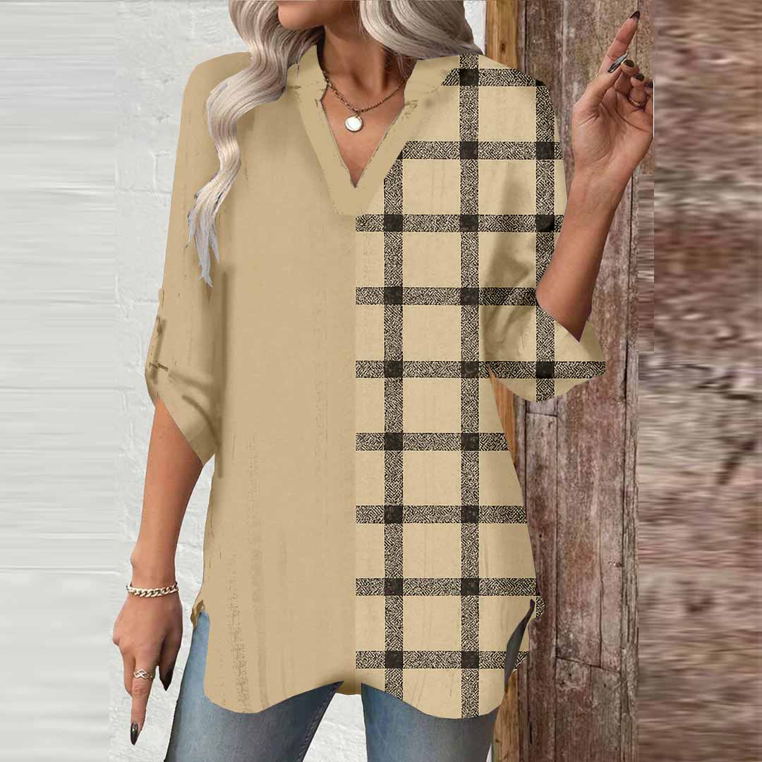 Women Khaki, Plaid DZGA0056 3/4 Sleeve V-neck Printed Graphic Button Tops
