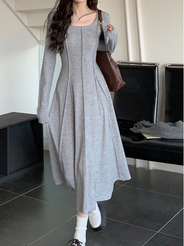 Elegant One Piece Dress Korean Fashion spring dresses for women 2023 Basic Long Sleeve Casual Midi Dress Pure Color Even Party Dress Female Chic
