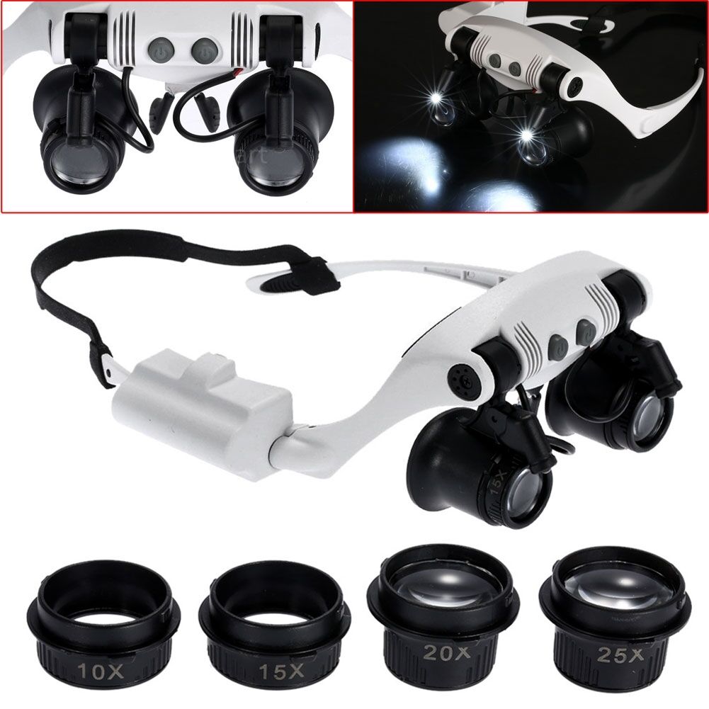 Likron Watches Professional Double Eye Magnifier Loupe Glasses with LED Light 8 Lens Set 10X to 25X for Jewelry