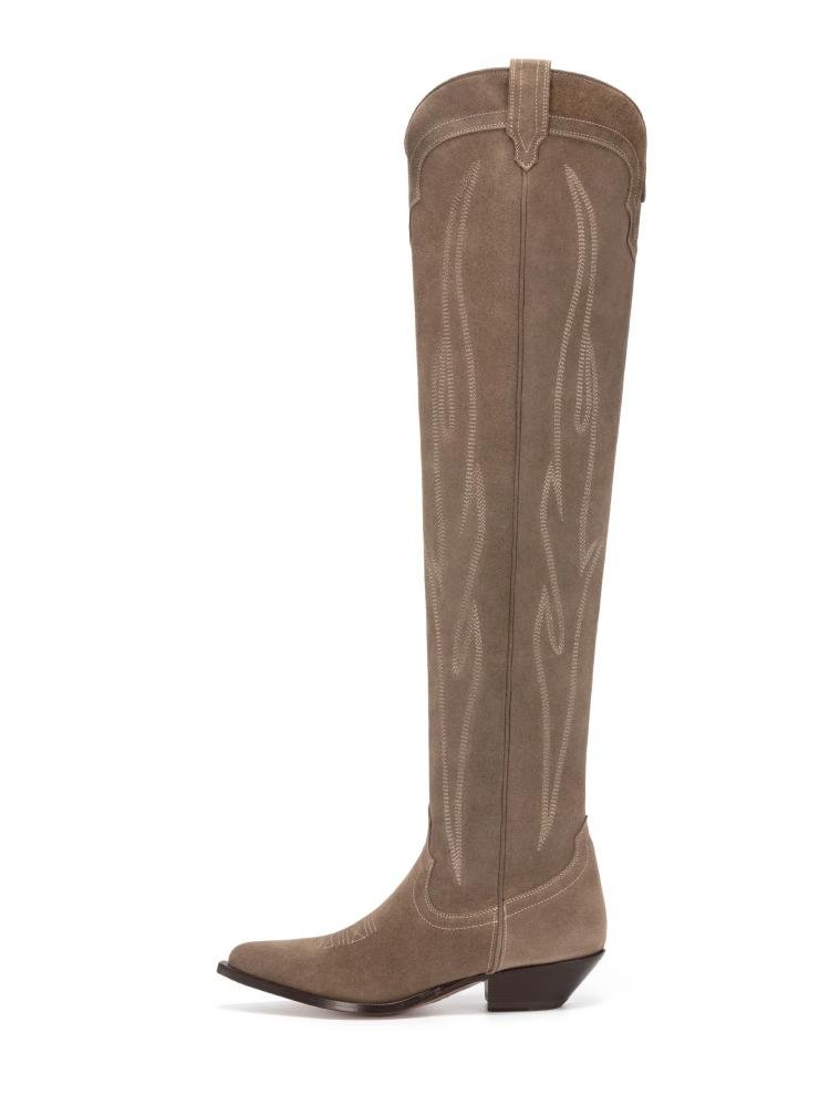 Taupe Velour Embroidered Chunky Heel Chelsea Western Over-The-Knee Boots Pumps