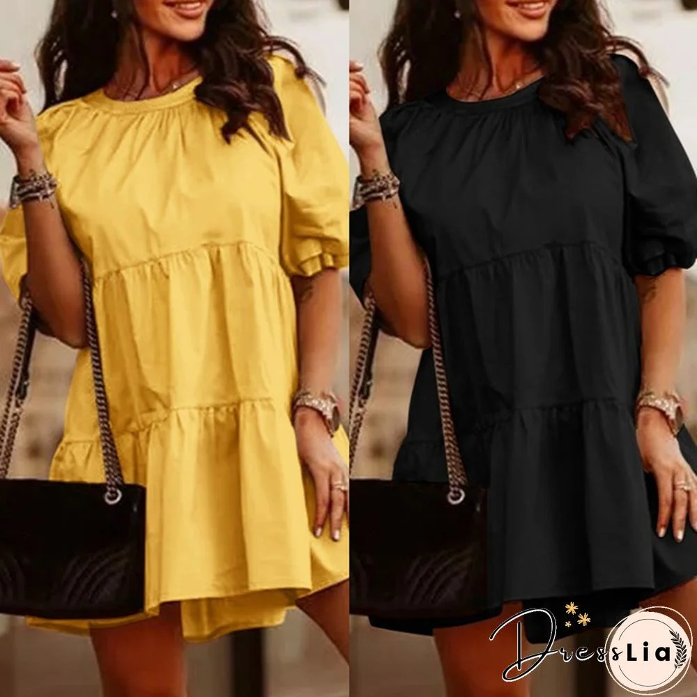 Women Casual Loose Elegant Mini Dress Summer Short Sleeve Party Pleated A Line Dress Plus Size Kleid