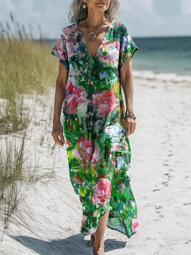 Women's Vintage Lovely Floral Art Print Pocket Cotton Dress