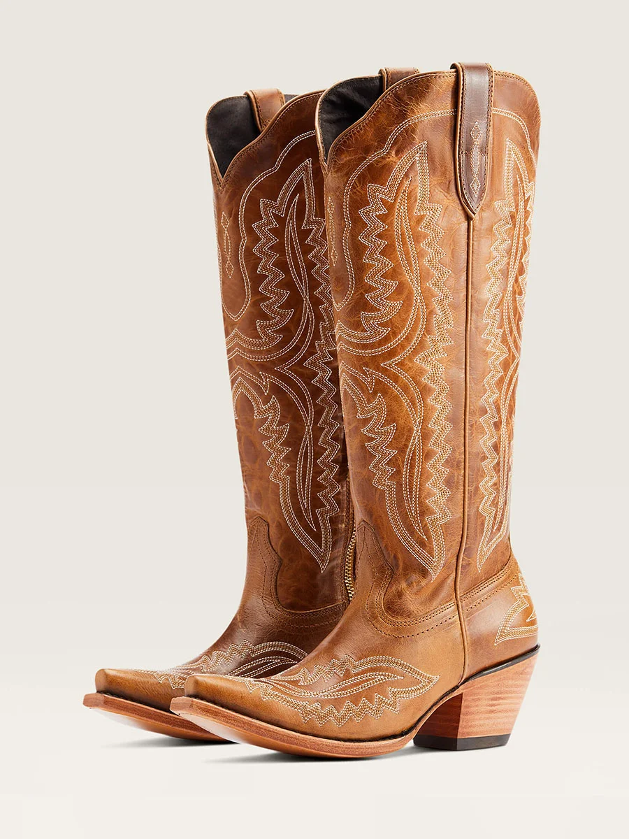 Brown Pointed Toe Embroidered Chunky Heel Cowgirl Boots for Women