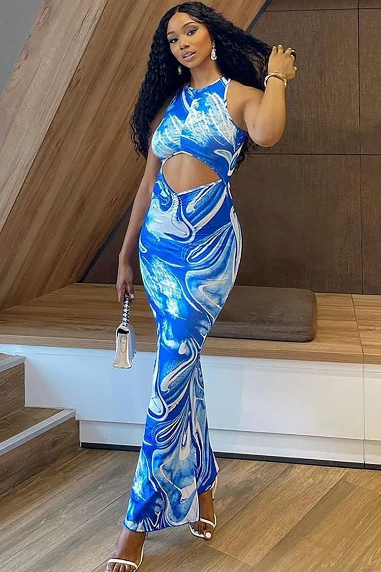 Graphic Print Cutout Bodycon Sleeveless Open Back Maxi Dresses-Blue
