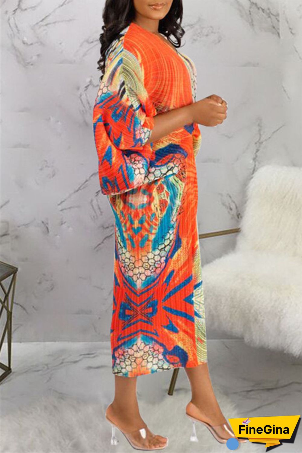 Pink Purple Casual Print Patchwork V Neck Pencil Skirt Plus Size Dresses