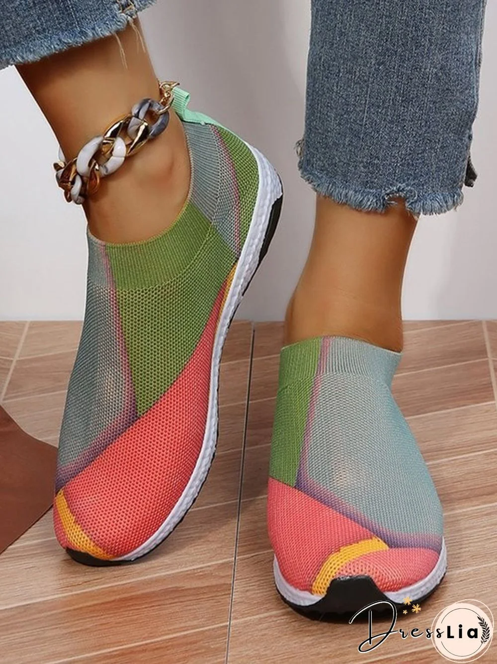 Thick Sole Color Blocking Fly Woven Mesh Slip-On Sneakers Lazy Casual Shoes