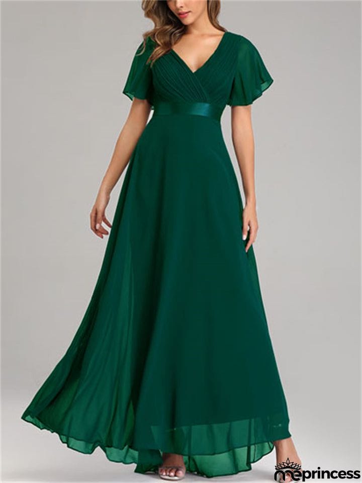 New Elegant V-Neck Ruffles Chiffon Formal Evening Gown Maxi Dresses