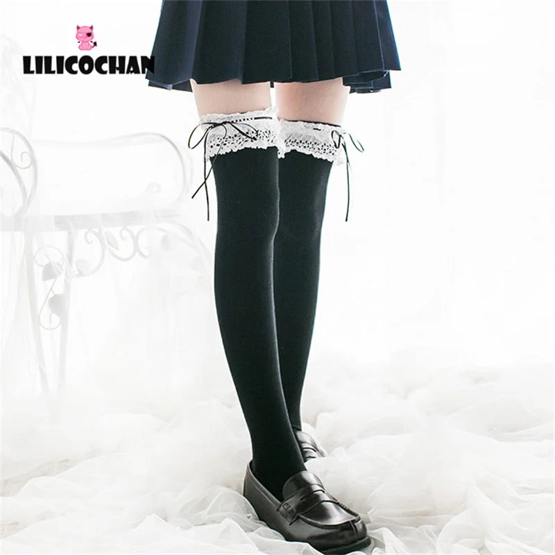 Lolita Stocking Womens Anime Cosplay Maid Girls Lace Top Thigh High Over Knee Leg Warmer Leggings Sexy Cotton Socks Kawaii Style