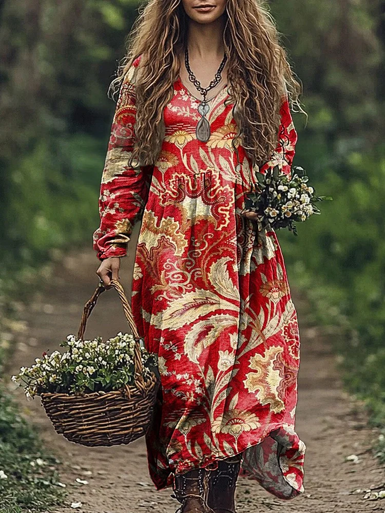 Women's Retro Floral Print Pocket Cotton Dress